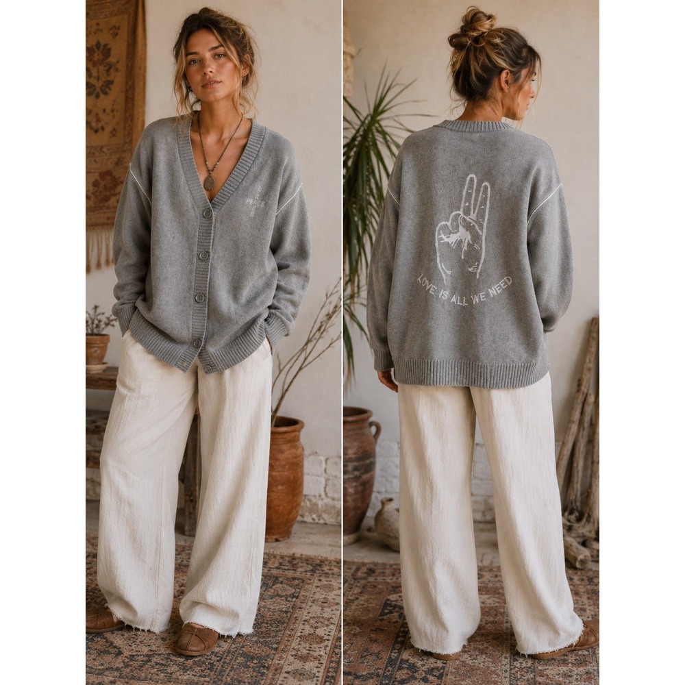 PacSun Gray Peace Sign Love Is All We Need Boho‎ Oversized Cardigan Sweater S